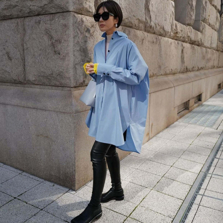 Blue Cotton Midi Shirt with Lapel Collar and Long Sleeves