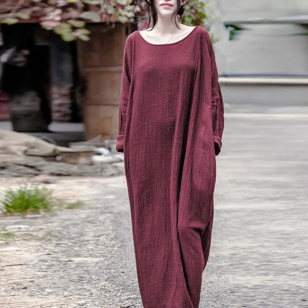 Elegant Maroon Cotton Linen Maxi Dress for Women
 
 Indulge in style and comfort with our Women's Summer Maroon Cotton Linen Maxi Dress. With a touch of vintage flair, this dress is designed to elevate your look fWomen's dressThebesttailorThebesttailorsummer maroon cotton oversized dresses vintage linen dress long sleeve maxi dressThebesttailorsummer maroon cotton oversized dresses vintage linen dress long sleeve maxi dress