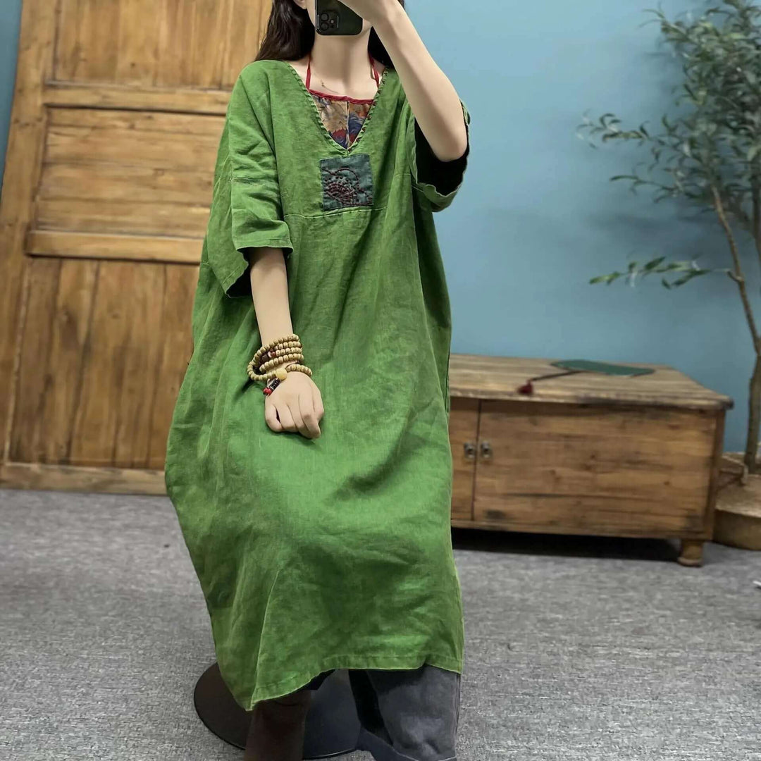 Green Linen Robe with V-Neck and Bat Sleeves