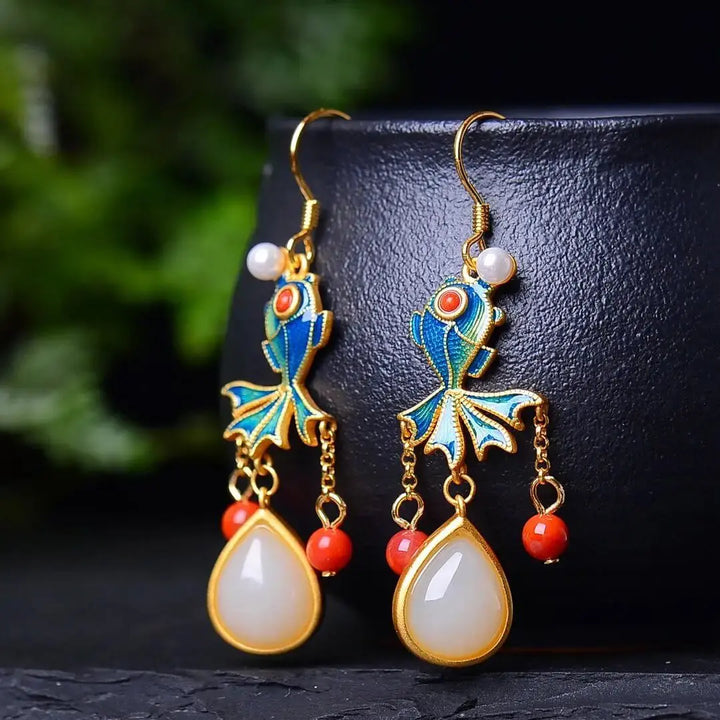 Exquisite Handcrafted Jade Silver Fish Earrings