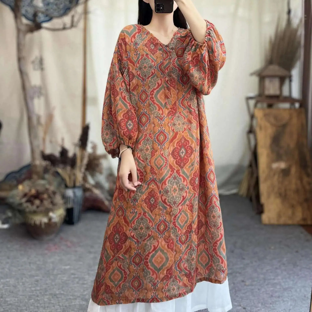Orange Ramie Abstract Loose Summer Dress for Women