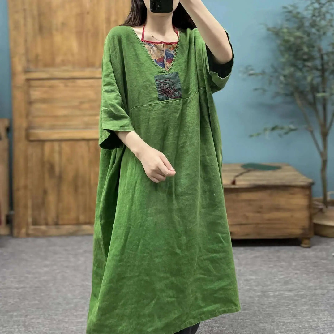 Green Linen Robe with V-Neck and Bat Sleeves