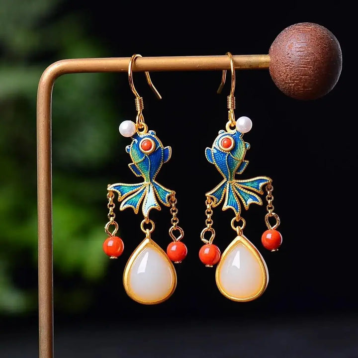 Exquisite Handcrafted Jade Silver Fish Earrings