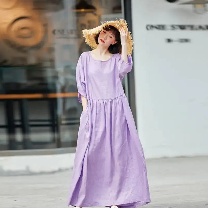 Purple Linen Maxi Dress with Batwing Sleeves for Women