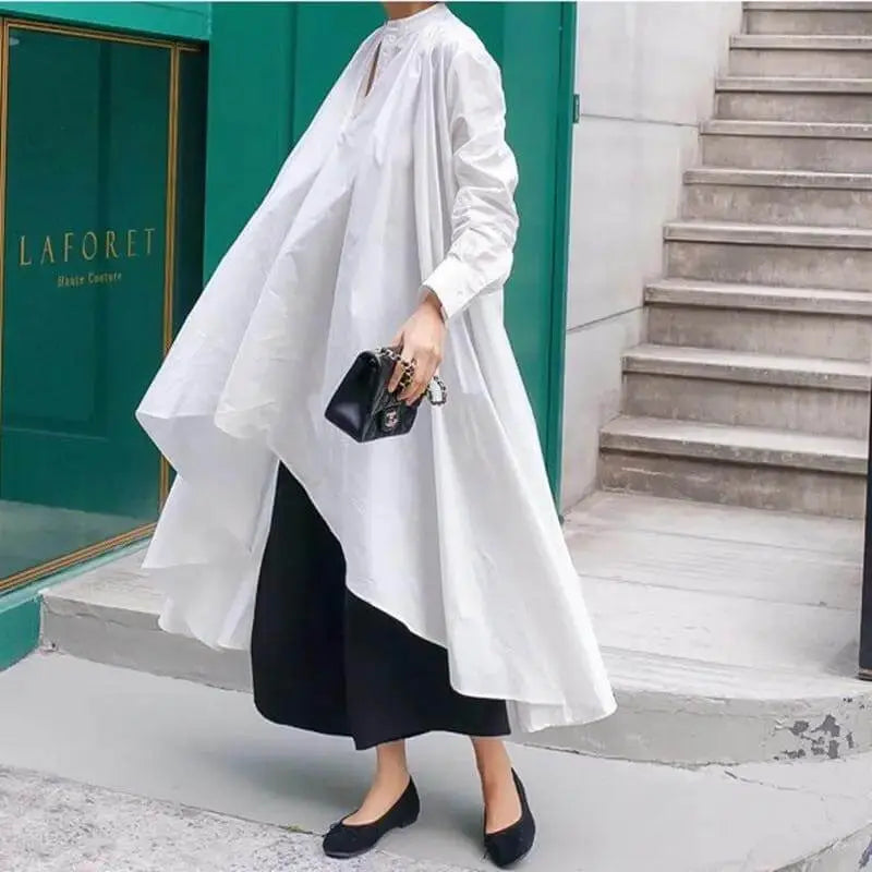 White Cotton Asymmetrical Tunic Blouse with A-Line Design