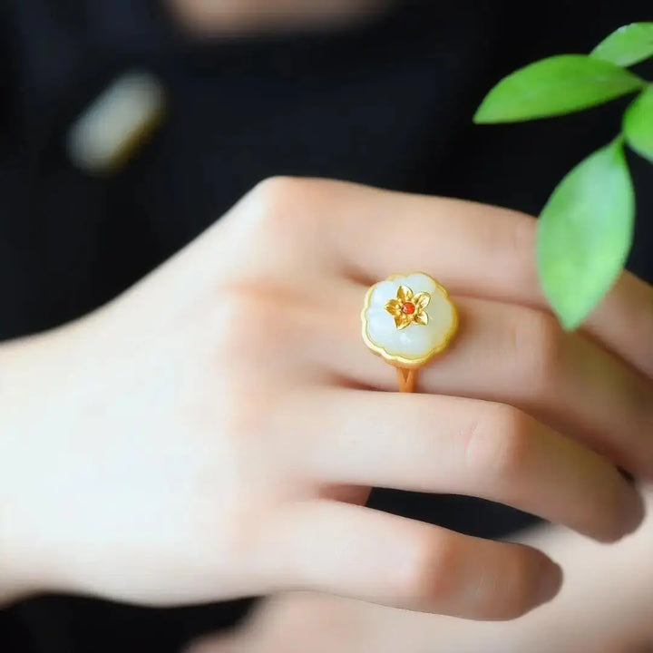 Elegant Plum Blossom Hetian Jade and S925 Silver Adjustable Fit Palace Style Ring