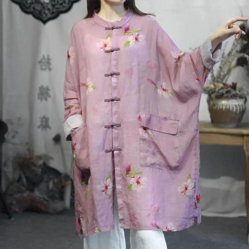 Pink Loose Ramie Pocket Shirt with Abstract Print for Women