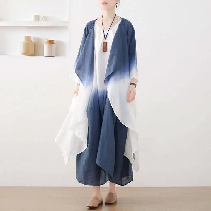 Gradient Blue Linen Asymmetrical Cardigan and Long Dress Set for Women
 
 Introducing our exclusive Gradient Blue Linen Asymmetrical Cardigan and Long Dress Set for Women, designed to elevate your summer wardrobe to new heights. CrafteWomen's dressThebesttailorThebesttailorSummer Gradient Blue Linen Long Sleeve Cardigan + Long Dress SuitThebesttailorSummer Gradient Blue Linen Long Sleeve Cardigan + Long Dress Suit