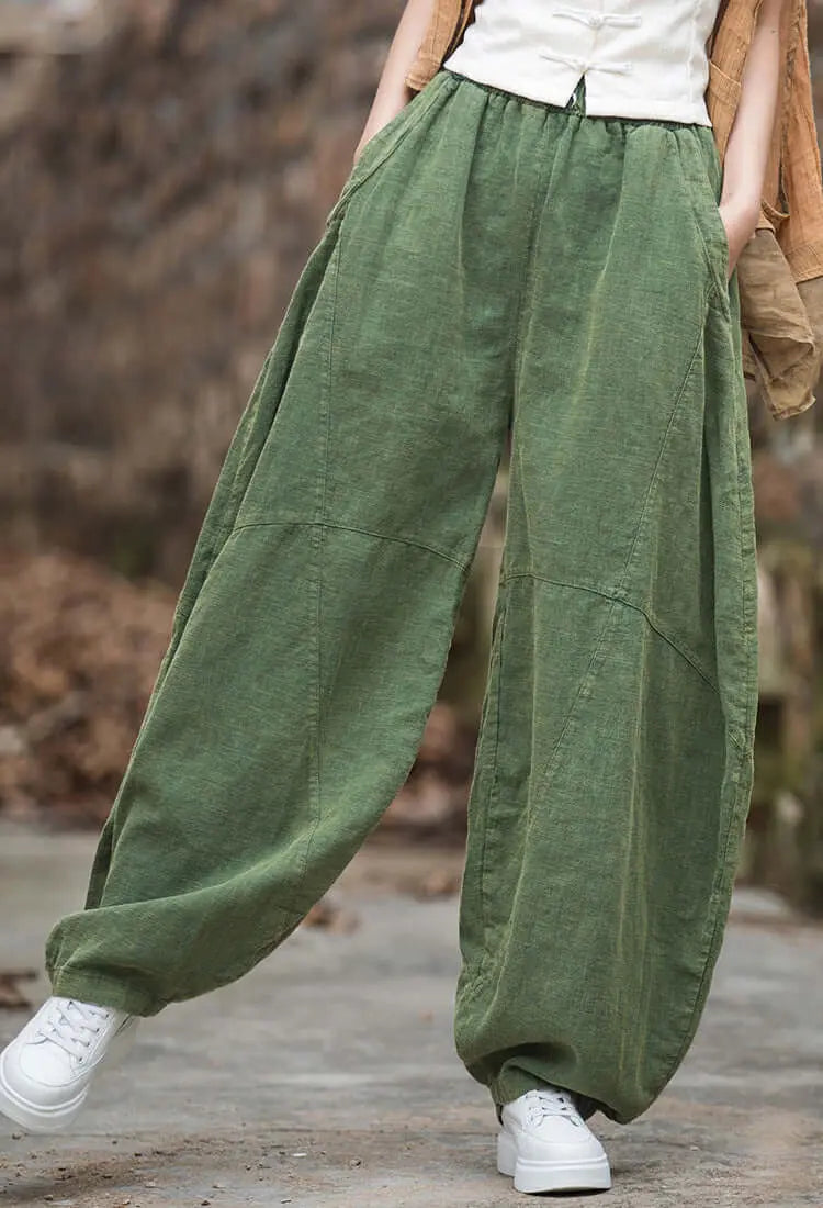 Retro Green Linen Bloomers: Elastic Waist Wide Leg Summer Pants
 
 Step into summer in style with our Retro Green Linen Bloomers. Crafted by The Best Tailor, these elastic waist wide-leg pants are designed to elevate your summerWomen's pantsThebesttailorThebesttailorGreen linen bloomers summer cotton linen tapered pants retro elastic waist cotton linen wide leg pantsThebesttailorGreen linen bloomers summer cotton linen tapered pants retro elastic waist cotton linen wide leg pants