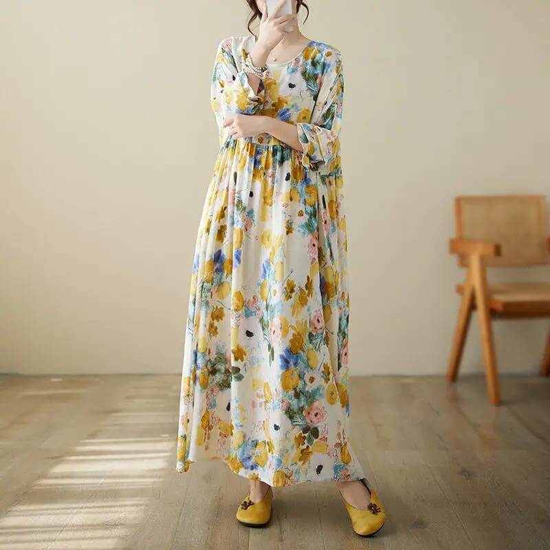 Women's Loose Fit Bohemian Yellow Floral Cotton Summer Dress