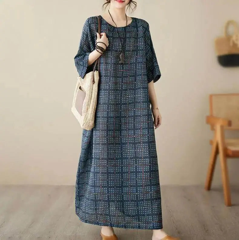 Women's Loose-Fit Linen Bohemian Red Plaid Maxi Dress with Half Sleeves