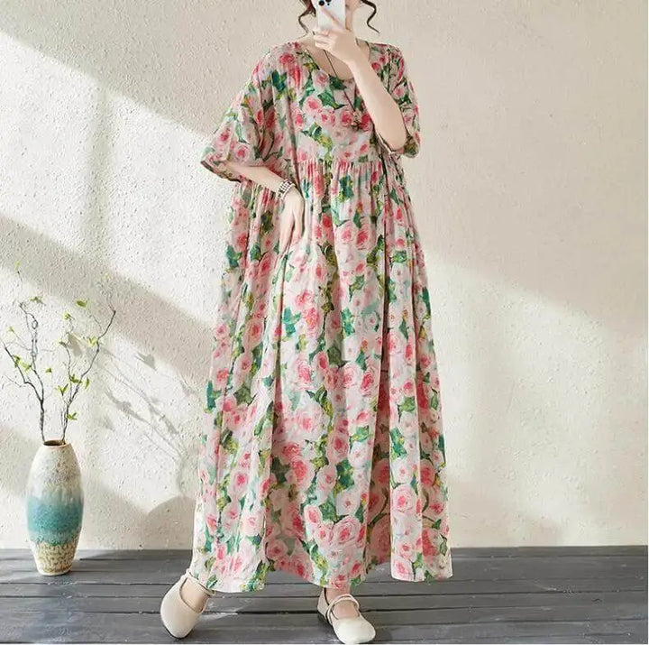 Women's Bohemian Green Summer Dress with Floral Print