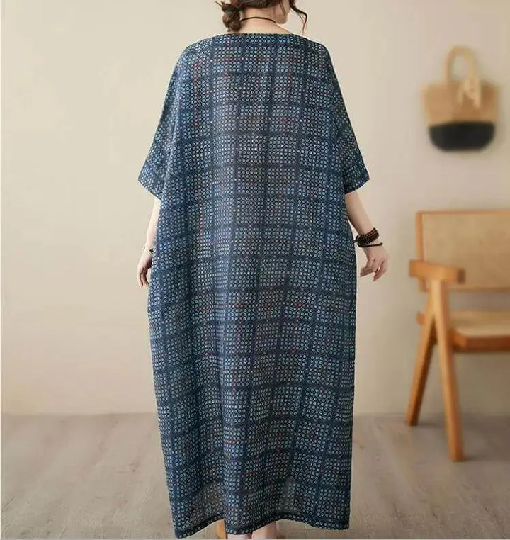 Women's Loose-Fit Linen Bohemian Red Plaid Maxi Dress with Half Sleeves