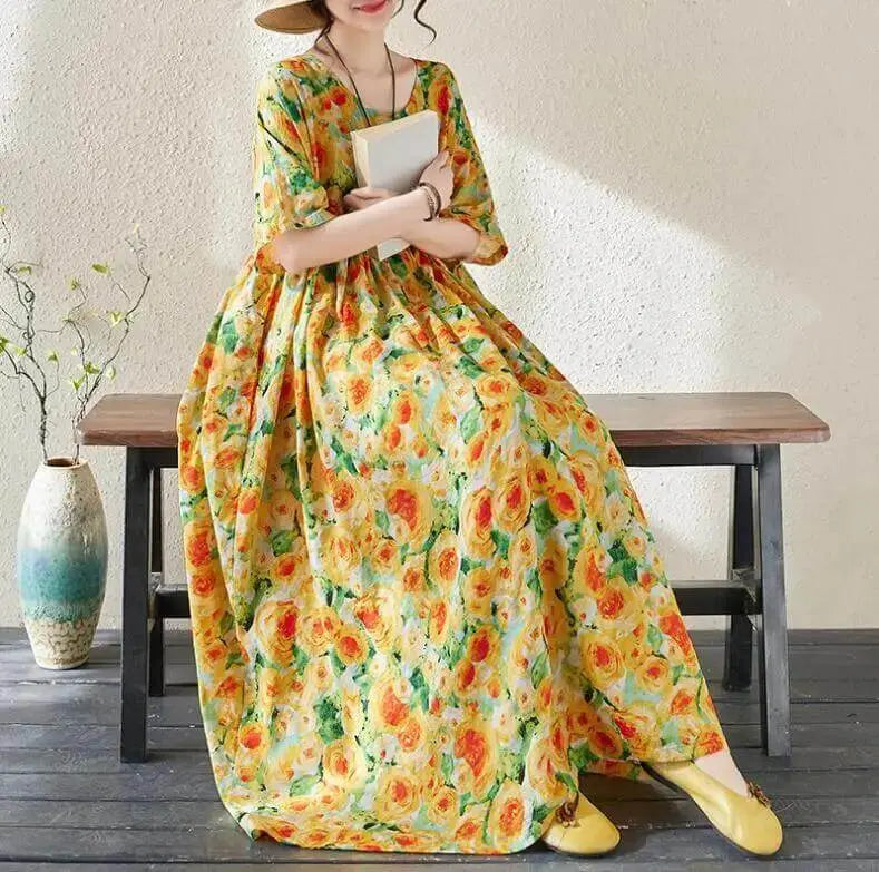 Women's Bohemian Green Summer Dress with Floral Print
