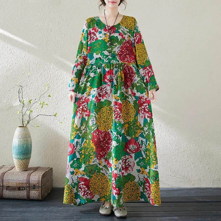 Women's Bohemian Green Floral Print Long Sleeve Cotton Dress