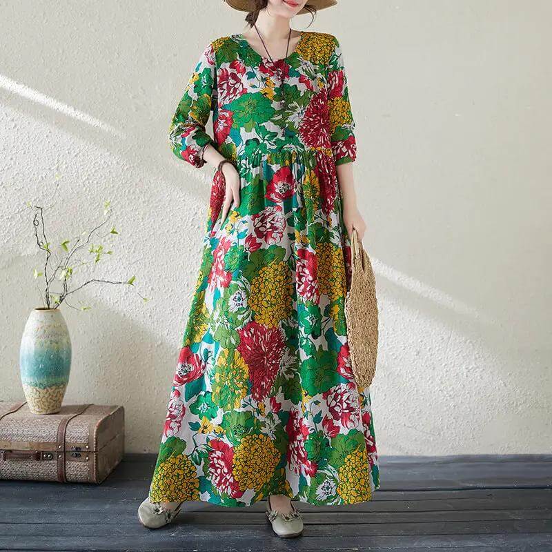Women's Bohemian Green Floral Print Long Sleeve Cotton Dress