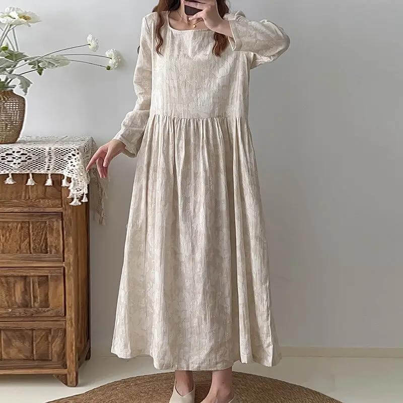 Textured Linen Maxi Party Dress for Women with Long Sleeves