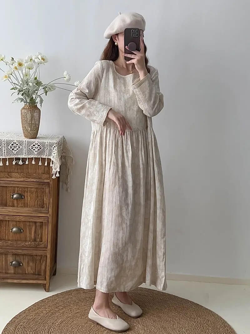 Textured Linen Maxi Party Dress for Women with Long Sleeves