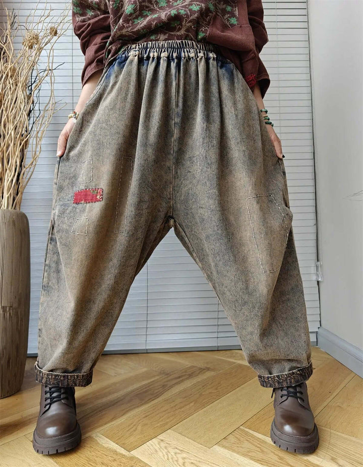 Women's Bohemian Retro Denim Harem Pants with Personalized Drop Crotch Style