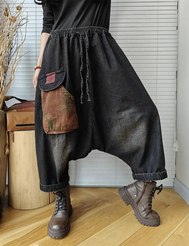 Retro Custom Denim Harem Pants with Elastic Waist for Women