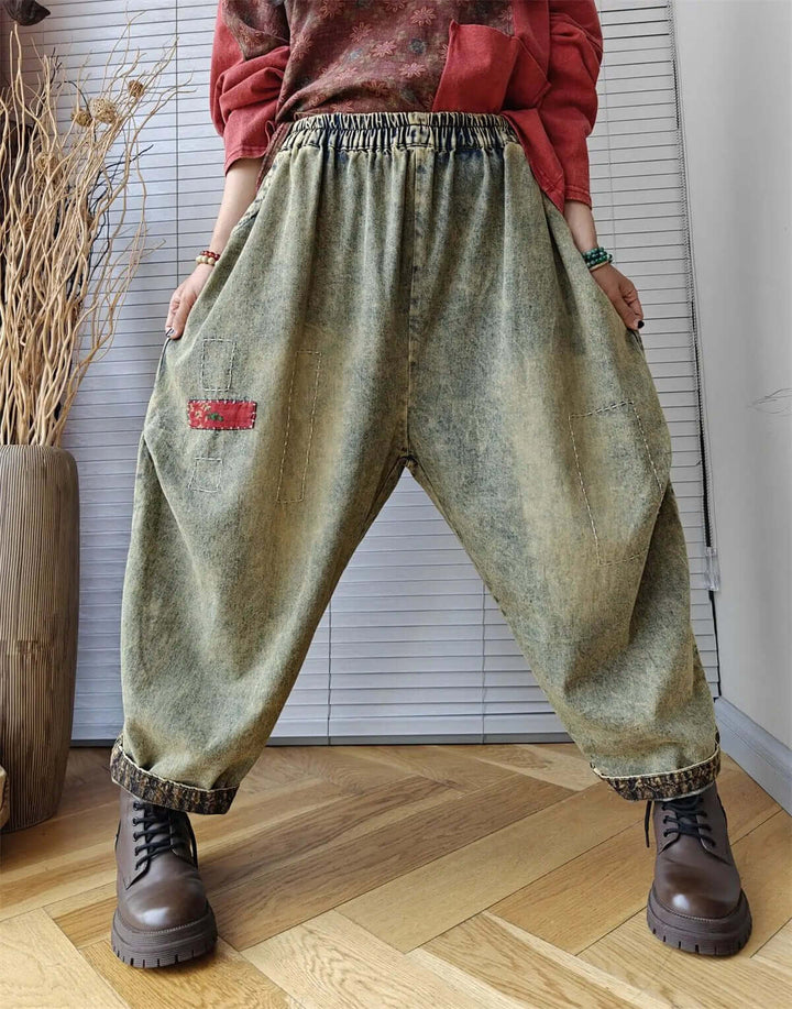 Women's Bohemian Retro Denim Harem Pants with Personalized Drop Crotch Style