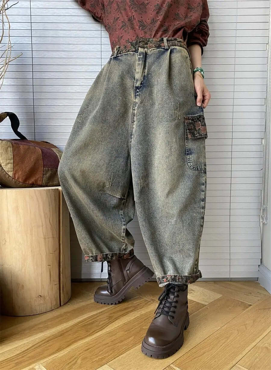 Retro Gray Harem Denim Trousers for Women in Bohemian Style