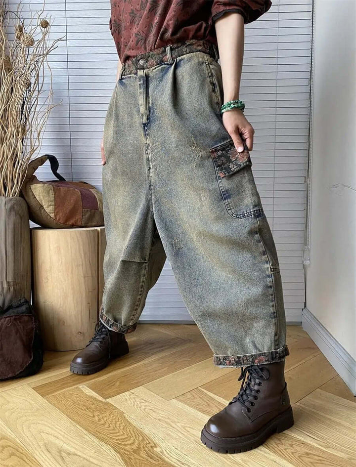 Retro Gray Harem Denim Trousers for Women in Bohemian Style