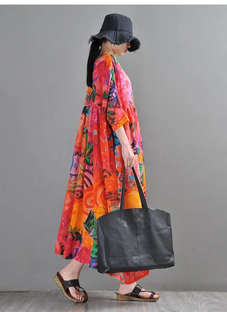 Graffiti Duck Printed Linen Maxi Dress with half sleeves