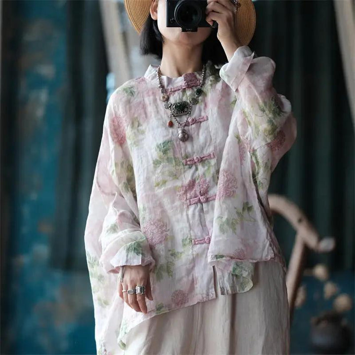 Loose Linen Blouse with Floral Print and Long Sleeves