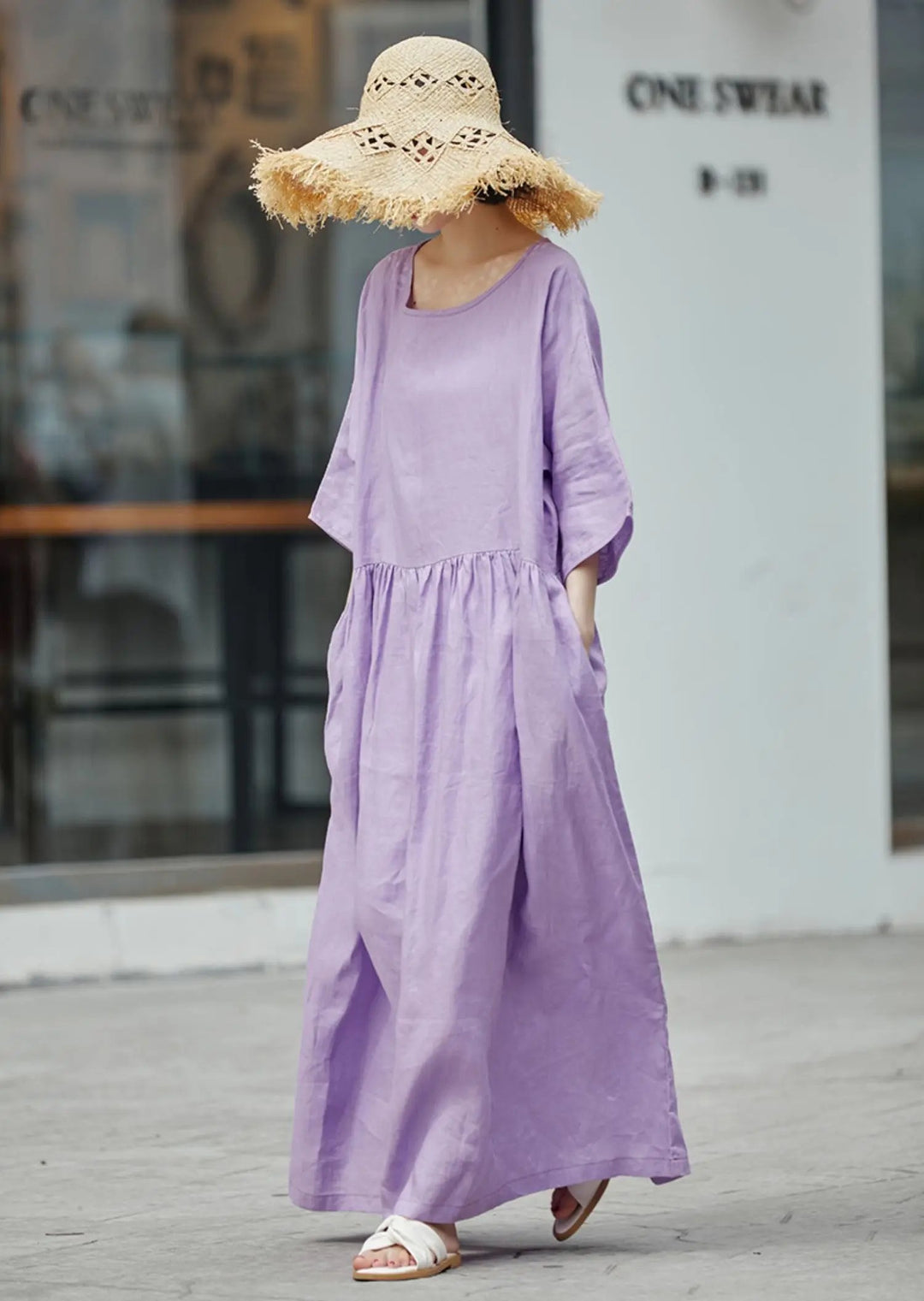 Purple Linen Maxi Dress with Batwing Sleeves for Women