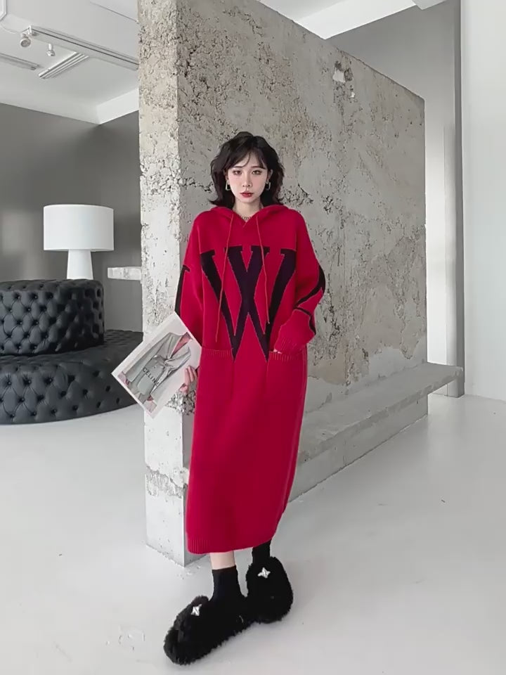 Red Letter Jacquard Women's Hooded Sweater Dress