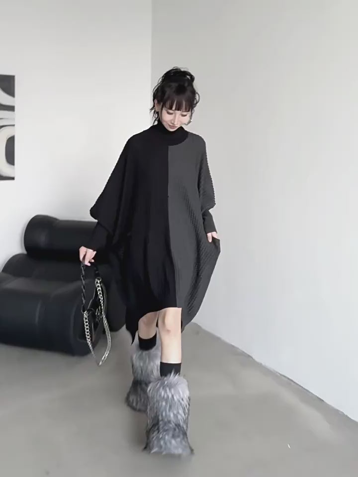 Oversized Turtleneck Sweater Dress with Colorblock Pattern