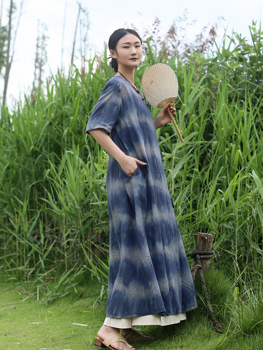 Bohemian Blue Striped Silk Tie-Dye Half-Sleeved Dress-Women's dress-Thebesttailor-Thebesttailor