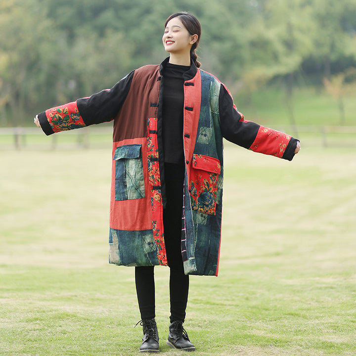 Spliced linen coat for women, winter filling cotton coat