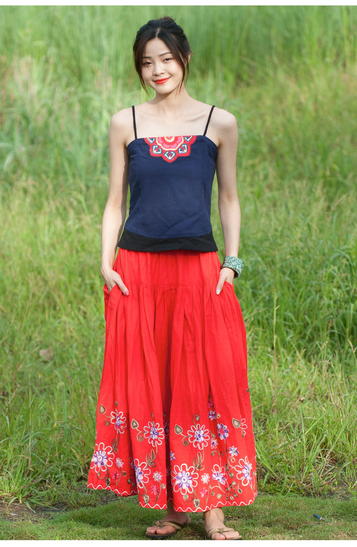 Bohemian Floral Cotton Maxi Skirt for Holidays