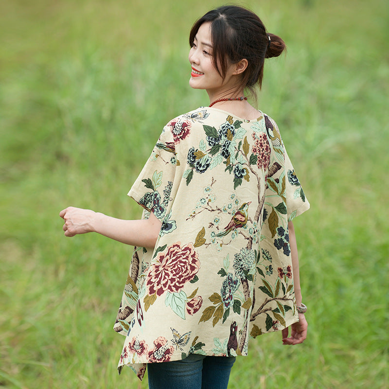 Floral Cotton-Linen Tunic Tops for Women-Women's Shirt-Thebesttailor-Thebesttailor