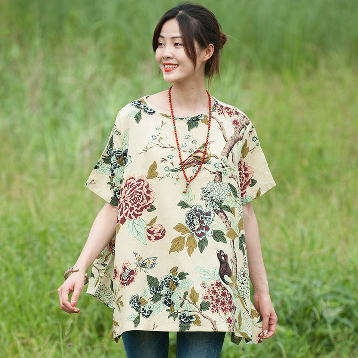 Floral Cotton-Linen Tunic Tops for Women-Women's Shirt-Thebesttailor-One size-Light Yellow-Linen-Thebesttailor