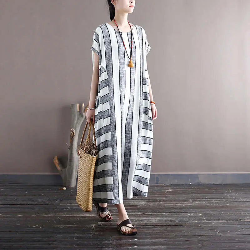 Retro Striped Linen Summer Dress with Pockets Thebesttailor