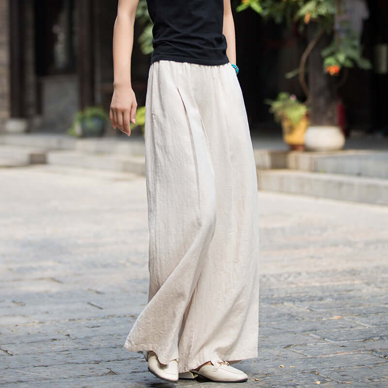 Elegant Linen Wide-Leg Pants with Elastic Waist for Women