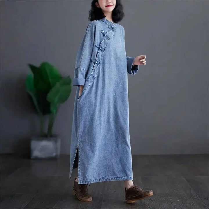 Blue Denim Ruffle Dress with Stand Collar - Retro Style