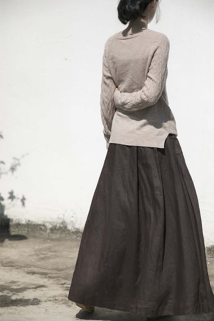 Linen A-line Maxi Skirt with Strappy Design and Pockets