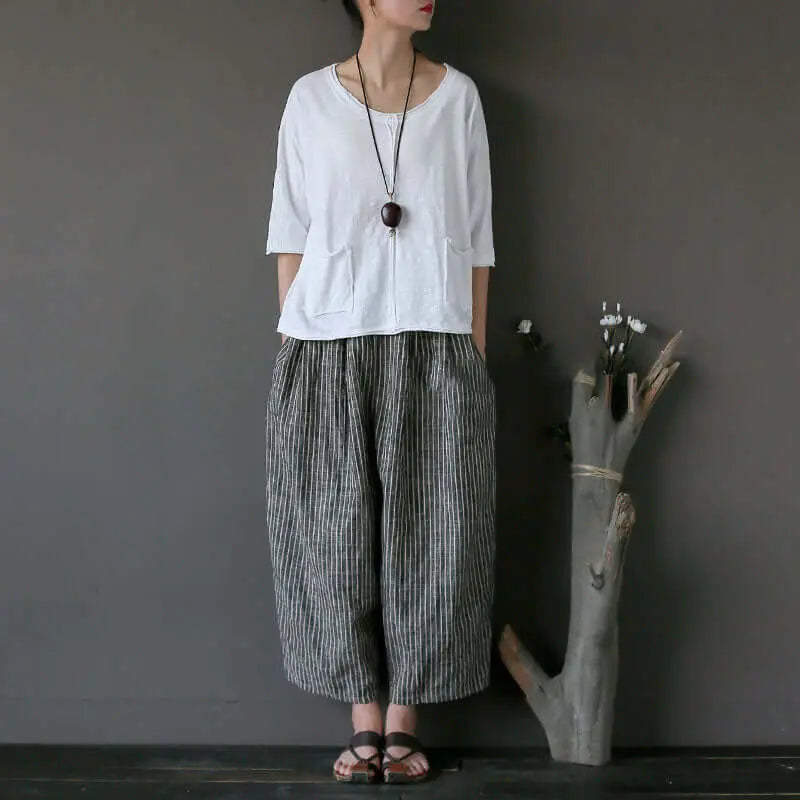 Striped Linen Women's Summer Carrot Pants with Elastic Waist Thebesttailor