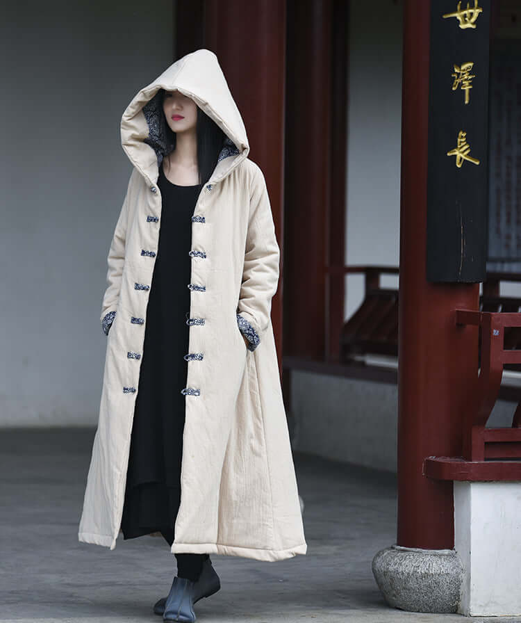 Mystical Enchantress Linen Hooded Cotton Winter Coat