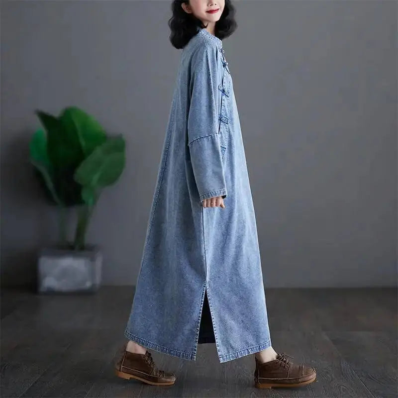 Blue Denim Ruffle Dress with Stand Collar - Retro Style Thebesttailor