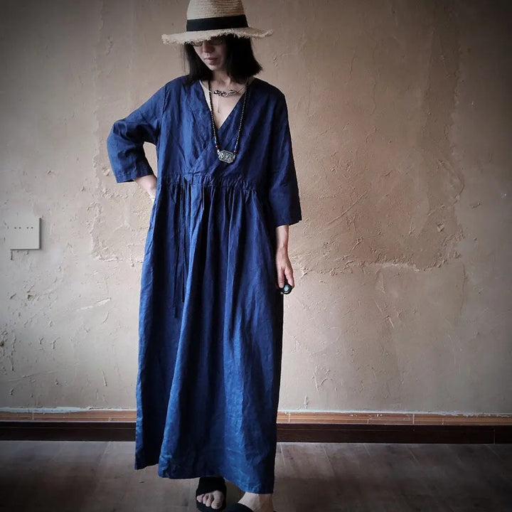 Summer Dark Blue V-Neck Linen Maxi Dress with Long Sleeves
 
 Introducing our Summer Dark Blue V-Neck Linen Retro Long Sleeve Dress, a versatile addition to your closet. Crafted from high-quality linen, this dress showcasesWomen's dressThebesttailorThebesttailor-neck linen retro long sleeve dress woman maxi dressThebesttailor-neck linen retro long sleeve dress woman maxi dress