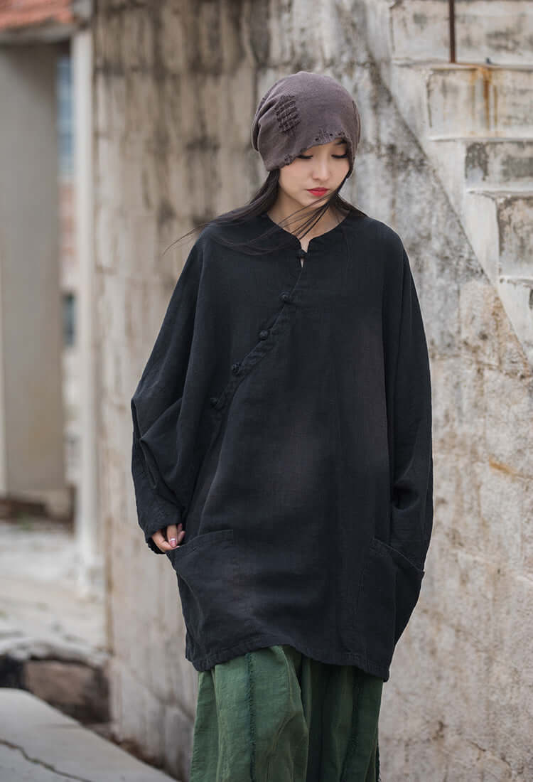 Women's Classic Linen and Cotton Midi Coat with Pockets - Versatile Top Coat