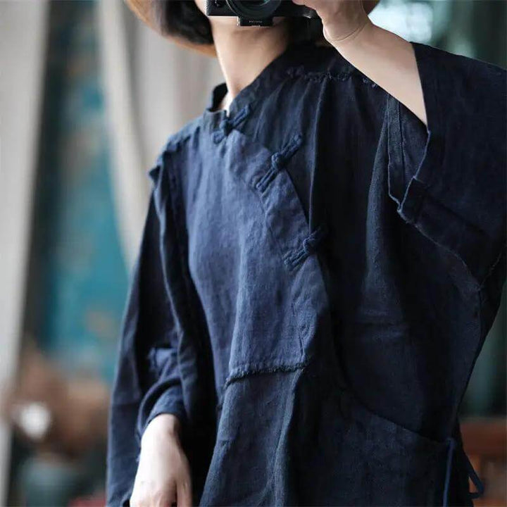 Vintage Navy Blue Linen Drop Shoulder Blouse for Women
