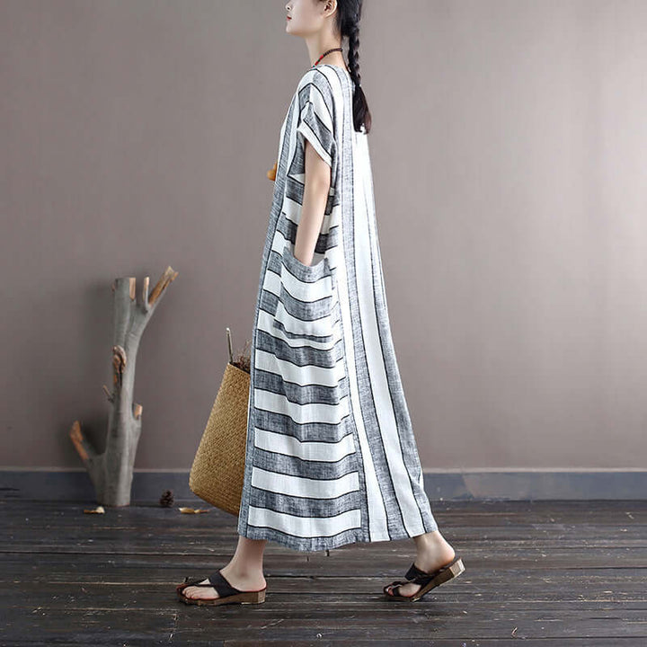 Retro Striped Linen Summer Dress with Pockets