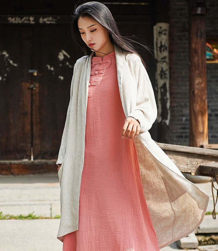 Women's Vintage Washed Linen Coat - Stylish Cotton and Linen Gown for Spring and Autumn
