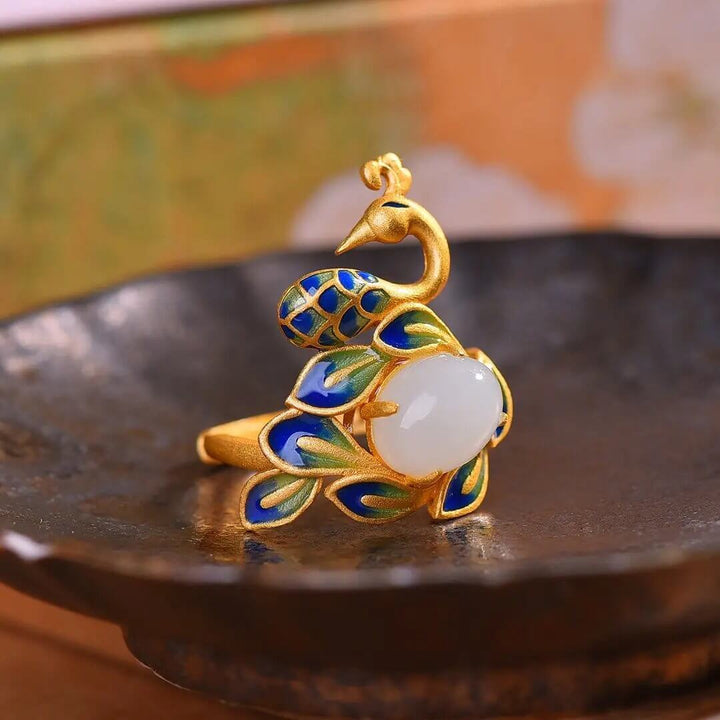 Elegant Peacock Palace Hetian Jade Gold-Plated Silver Ring